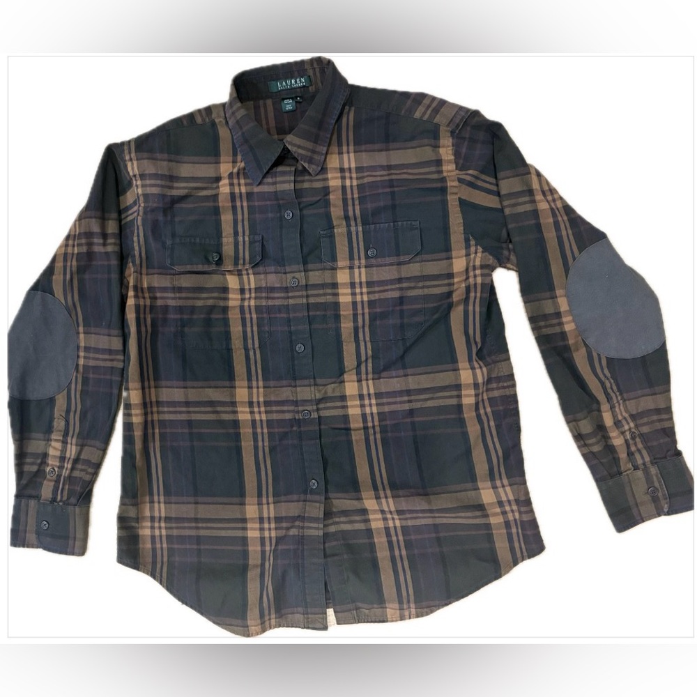 Lauren Ralph Lauren M Women’s Plaid Button Up Long Sleeve Elbow Patch Brown